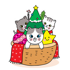 Hand draw cartoon cute Merry Christmas, Cats and tree christmas and star and ornament ball and scarf and red scarf in basket vector.