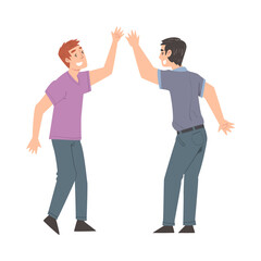 Smiling Men Giving High Five, Cheerful Friends and Colleagues Characters Meeting, Happiness, Agreement or Joy Expression Cartoon Style Vector Illustration