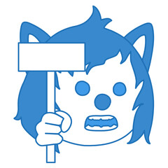 excited emoticon holds a banner in hand and protests something, simplistic facial expression vector illustration, wolf cartoon character