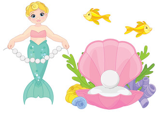 Beautiful mermaid with pearls isolated on white background