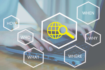 Woman working hand on keyboard close up, analyzing search problem and root cause by question what, where, when, why, who and how