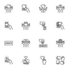 Charity and donation line icons set, outline vector symbol collection, linear style pictogram pack. Signs logo illustration. Set includes icons - hand holding heart, money donate, gift box, volunteer