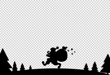 Santa Claus cary big bag gift  walking in snow surrounded by Christmas tree isolated  on png or transparent  background, space for text, sale banner template , New Year, luxury card, vector