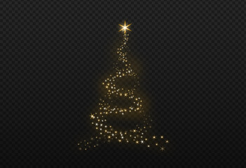 Christmas tree gold bokeh glitter particles isolate on png or transparent  background with sparkling  snow, star light  fo , New Year, Birthdays, Special event, luxury card,  rich style.  Vector