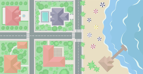 Coastal residential area drom above, aerial top view of seaside town vector ilustration