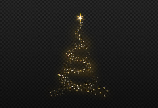 Christmas tree gold bokeh glitter particles isolate on png or transparent  background with sparkling  snow, star light  fo , New Year, Birthdays, Special event, luxury card,  rich style.  Vector
