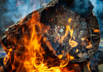 burning fire in the fireplace