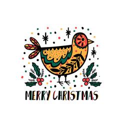 Merry Christmas decoration hand drawn.Doodle style greeting card with bird .