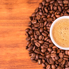 Homemade cafe fresh hot espresso in steam white mug cup brew from organic sustainable coffee shop drink roasted brown bean with recycle disposable paper package with refresh aroma