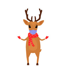 A reindeer Christmas cartoon character wears a scarf and a protective face mask