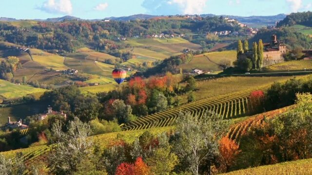 Colorful hot air balloon flying over the hills with vineyards with autumn colors in Barolo, Alba, Langhe, Piedmont, Italy