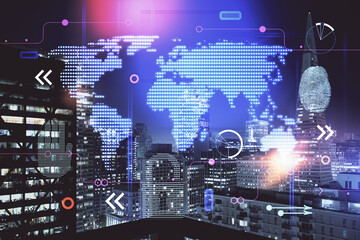 Map and data theme hologram on city view with skyscrapers background double exposure. International technology in business concept.