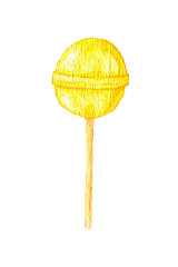 Watercolor lollipop, yellow candy. Hand drawing illustration Sweetness isolated on white background. Design for decorating paper, gifts, sweets, icons. New Year.