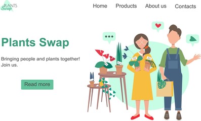 Plants swap online landing page concept. Man and woman are taking home plants.