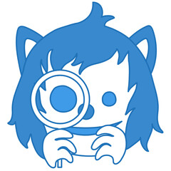 happy smiling wolf looking through the magnifying glass,seeing something interesting, simplistic facial expression vector illustration, simple hand drawn circle shaped emoticon