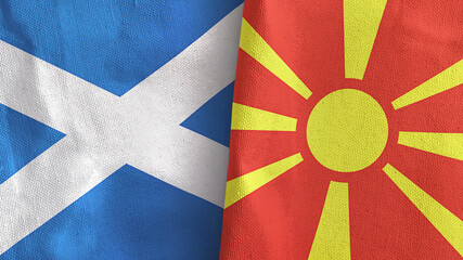 North Macedonia and Scotland two flags textile cloth 3D rendering