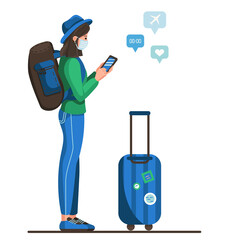 person with a suitcase, vector illustration, social distance, COVID-2019
