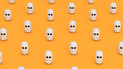 3D illustration of a Halloween background with cute cartoon ghost on orange surface