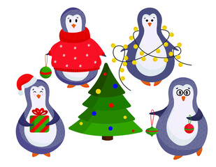 Isolated on a white background vector penguins decorate the Christmas tree with Christmas decor. Penguins in the flat style are perfect for Christmas cards, children's illustrations and books