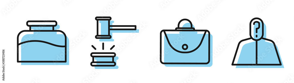 Poster set line briefcase, inkwell, judge gavel and anonymous with question mark icon. vector.