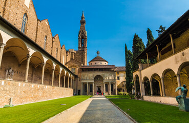 Beautiful view of the Pazzi Chapel, the first cloister with the bell tower of the Basilica di Santa...