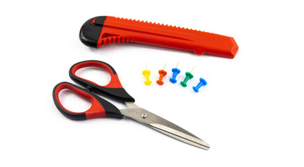 Schoolboy student stationery set pins paper clips scissors, on white isolated background