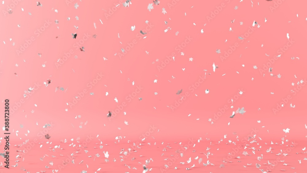 Poster white maple leaves falling on pink background with selective focus. 3d rendering. christmas minimal 