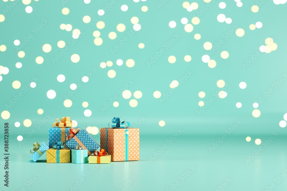 Poster gift box set on green pastel color background with lighting bokeh backdrop. 3d render. minimal chris