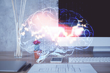 Double exposure of desktop computer and human brain drawing hologram. Ai concept.