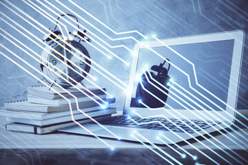 Double exposure of desktop with computer on background and tech theme drawing. Concept of big data.