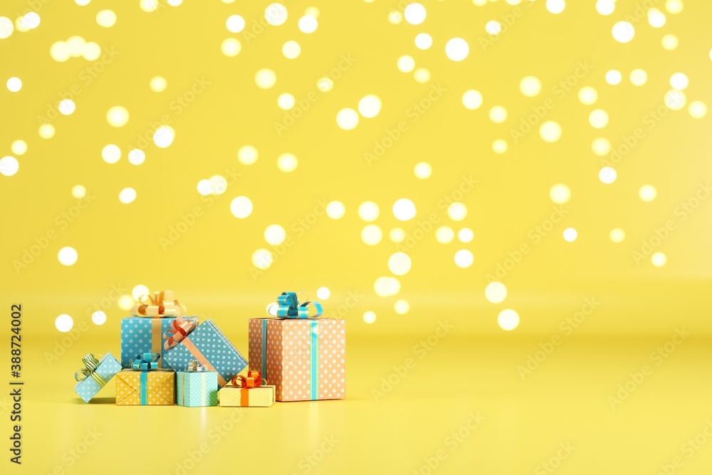 Poster gift box set on yellow color background with lighting bokeh backdrop. 3d render. minimal christmas n