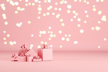 Pink Gift box Set on pink color background with Lighting Bokeh backdrop. 3D Render. minimal christmas new year concept. selective focus.