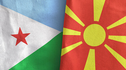 North Macedonia and Djibouti two flags textile cloth 3D rendering © Aleks Taurus
