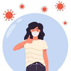 The girl in a protective medical mask holds a thumb up. Virus and stop pandemic protection concept. Vector flat illustration.
