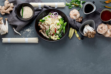 Udon noodles with mushrooms and vegetables