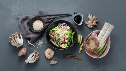 Udon noodles with mushrooms and vegetables