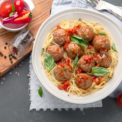 Meatballs with tomato sauce and spaghetti