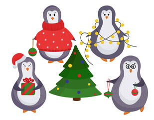 Isolated on a white background  penguins decorate the Christmas tree with Christmas decor. Penguins in the flat style are perfect for Christmas cards, children's illustrations and books