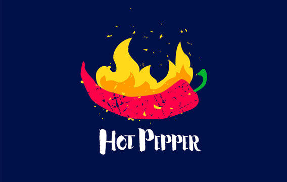 Hot pepper with text and fire on dark background. Flat style. Vector food card.