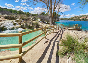 Landscape of the wood lookout of the Laguna Salvadora Lake in the Lagunas de Ruidera Lakes Natural Parkland, Albacete province, Castilla La Mancha region, Spain	