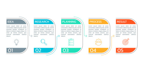 5 step or option infographic elements with business icons and text. Timeline info graphic, flow chart, layout, finance workflow template. Vector illustration.