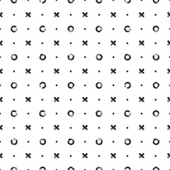 Seamless modern pattern with black hand drawn circles and pluses isolated on white background. Abstract monochrome illustration.