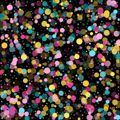 Memphis round confetti festive background in cyan blue, pink and yellow. Childish pattern vector.