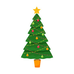 Decorated Christmas tree with toys, garland and star. Element of Christmas and new year's design. postcard template. Vector illustration in flat style. Isolated on a white background