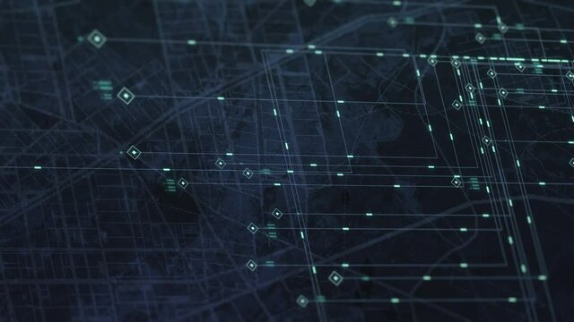 Map city view with connections. Flat vector graphs and charts with data points, indicators. Satellite map view. Global Network. Business Transfer scheme or matrix. Futuristic interface 4K 3D Animation