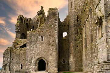 View of the ruins at dusk of Rock of Cashel Abbey Castle, also known as St Patrick's Rock in...