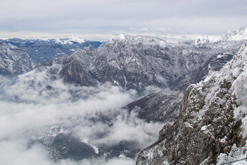 Fototapeta na wymiar Winter. Panoramic view of mountain landscape with snow in Italy, Lombardia