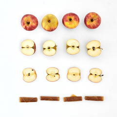 Flat lay of various dried and fresh fruits on a white background. Fruits, pastilles and fruit chips in creative background.