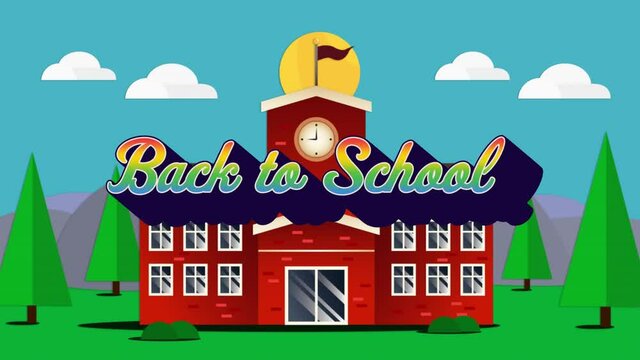 Digital Animation Of Back To School Multicolored Text Against School Building Landscape In Backgroun