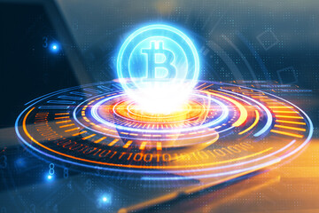 Multi exposure of blockchain and crypto economy theme hologram and table with computer background. Concept of bitcoin cryptocurrency.